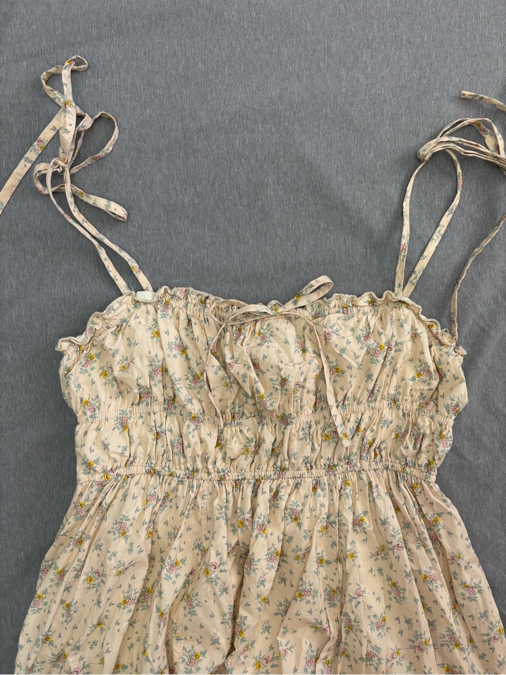 Cream Floral Maxi Dress with Smocked Bodice and Tie Straps